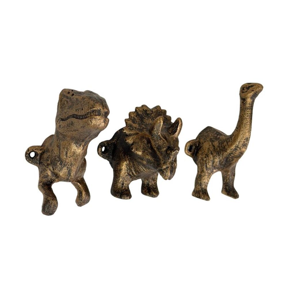 Cast Iron Dinosaur Wall Hooks Set of 3 Antique Bronze 5 Inch Decorative
